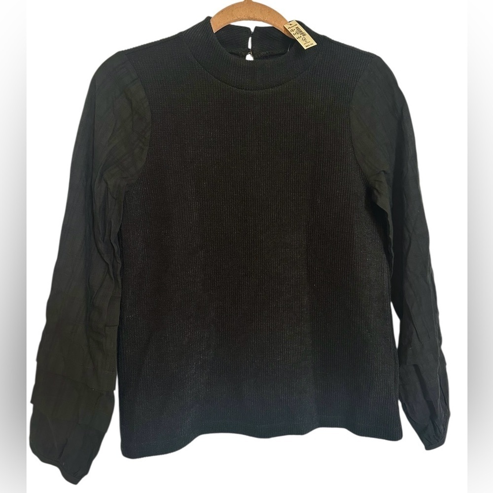 Madewell Mixed Media Balloon Sleeve Top Womens XS Black Mock Neck Knit. NWT